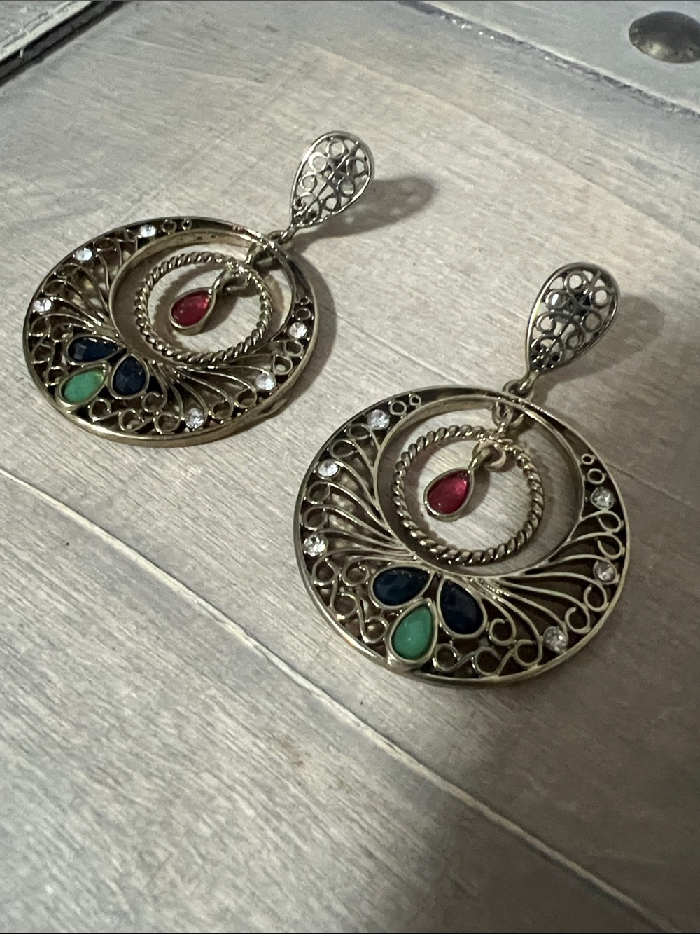 Gold-Tone Filigree Hoop Earrings with Red, Blue, and Green Stones - Picture 3 of 7